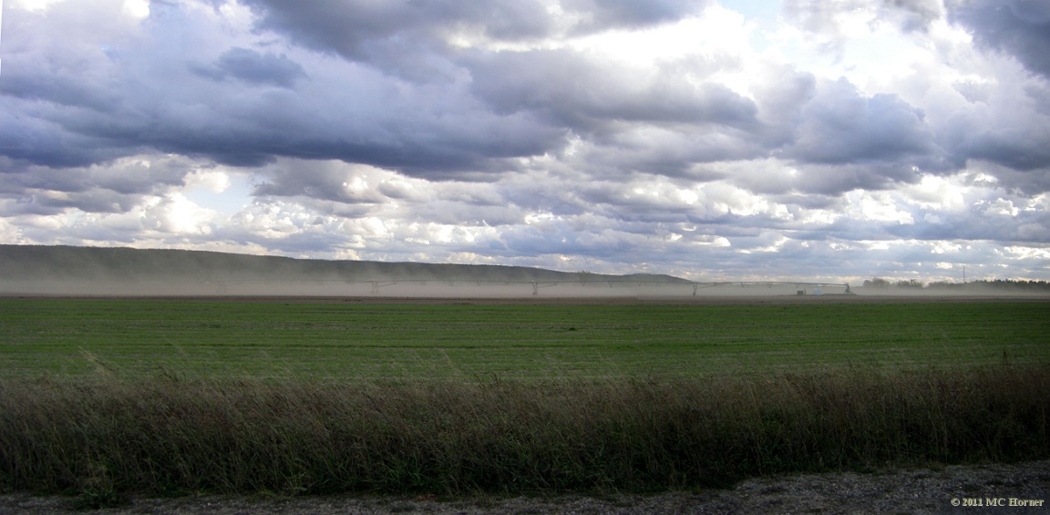 Near Alba, Michigan. Pivot irrigation and dust clouds.