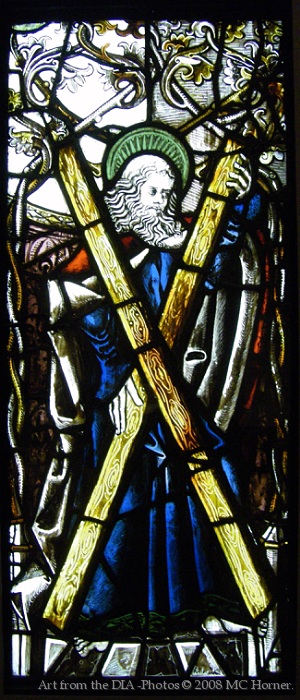 Stained Glass Window. Saint Antonius Cruciate, Patron Saint of downhill skiing.