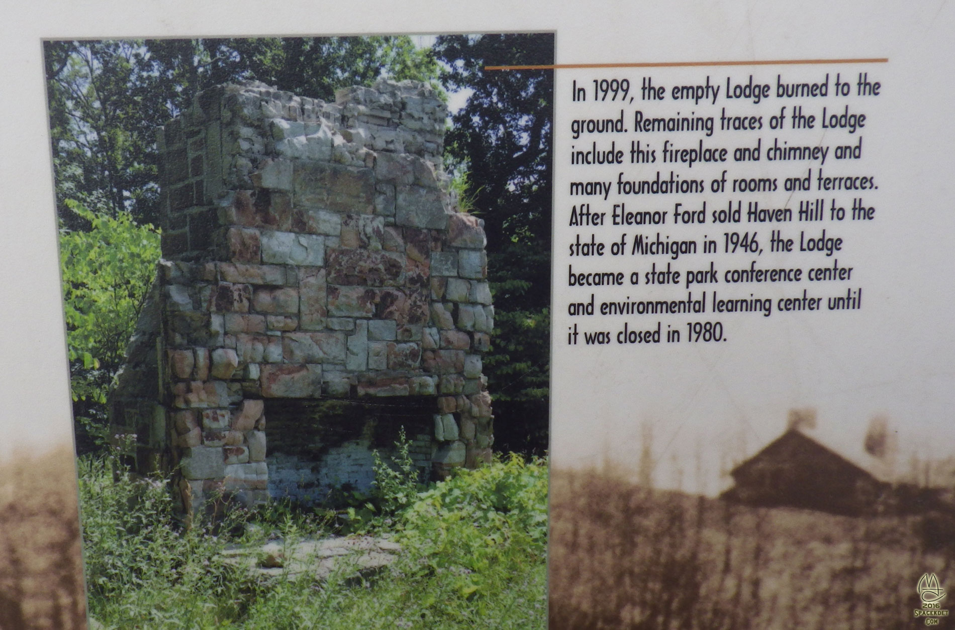 Explanatory marker. State neglect, vandalism and finally arson erased what was here.