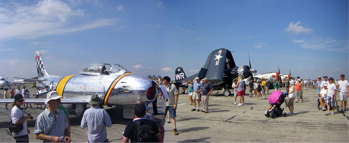 F-86 Sabre, F4U Corsair, & a pair of P-47 Thunderbolts. See it huge.