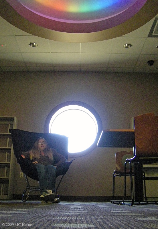 In the Teen room- comfy furniture and a glimpse of the LED-lit Oculus.