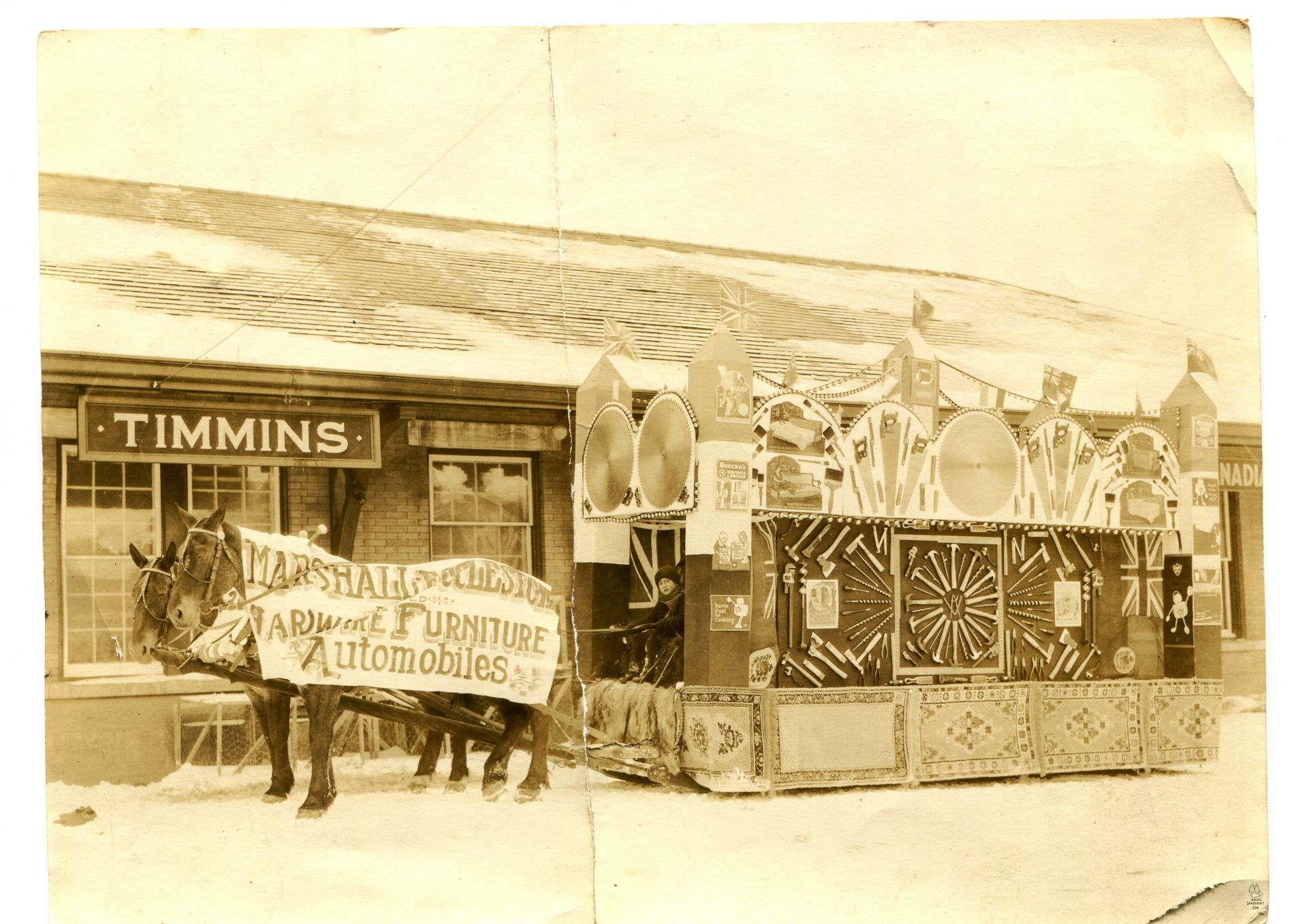 Marshall & Ecclestone Ltd incredible tool laden parade float at the Timmins, Ontario train depot. See location in Google Street View  Don't miss the full size!