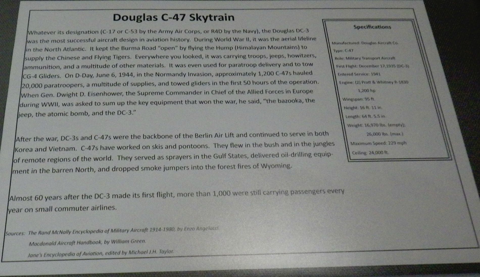 C-47 Skytrain sign.