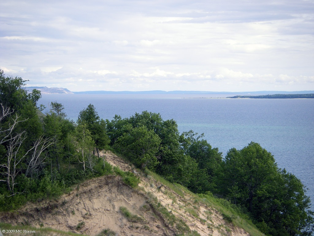 Looking south: Sleeping Bear Dunes far left, S.Manitou on the right, North Manitou foreground.